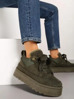 Ciemnozielone Sneakersy na Grubej Podeszwie Ocieplane Futerkiem Tifitana