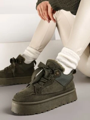 Ciemnozielone Sneakersy na Niskiej Platformie Mocno Ocieplane Tifilie