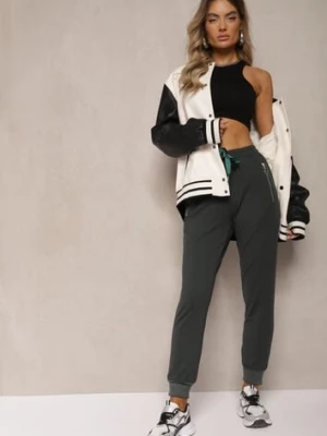 Ciemnozielone Spodnie Dresowe z Bawełny High Waist Ozdobione Kieszeniami na Suwak Fedela