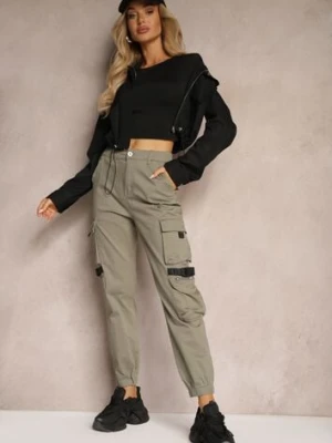 Ciemnozielone Spodnie Joggery z Kieszeniami Cargo z Elastycznej Bawełny Irisane daysie