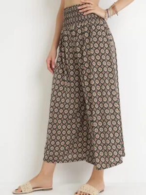 Ciemnozielone Spodnie Kuloty z Szerokimi Nogawkami 7/8 i Gumką w Pasie Thatasia defox