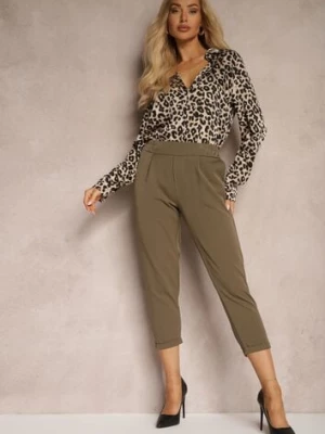 Ciemnozielone Spodnie o Długości 3/4 z Kieszeniami i Gumką w Talii Saivon