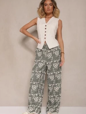 Ciemnozielone Spodnie o Szerokim Kroju High Waist Ozdobione Haftem Issedi rosa