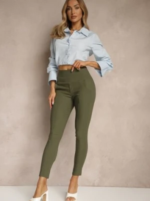 Ciemnozielone Spodnie Skinny High Waist Kolanira
