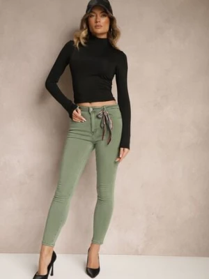 Ciemnozielone Spodnie Skinny z Wysokim Stanem i Ozdobną Chustką Hyadia daysie