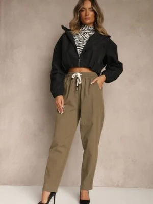 Ciemnozielone Spodnie z Bawełny Mom Fit Ozdobione Sznurkiem Apinella tp collection