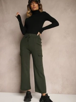 Ciemnozielone Szerokie Spodnie Dzianinowe z Gumką w Pasie i Kieszeniami Emithlera j&x