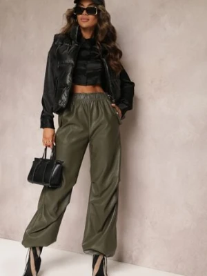 Ciemnozielone Szerokie Spodnie z Gumką w Talii z Imitacji Skóry Aeralin elsa.m by may