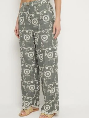 Ciemnozielone Szerokie Spodnie z Wysokim Stanem i Haftem Tulsedi rosa