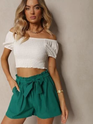 Ciemnozielone Szorty Bermudy High Waist z Dodatkiem Bawełny Wiązane w Pasie Quisevia h&s