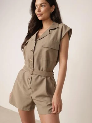 Ciemnozielony Bawełniano-Lniany Kombinezon Casual w Stylu Safari z Paskiem w Klamrą Cecis sweet girl
