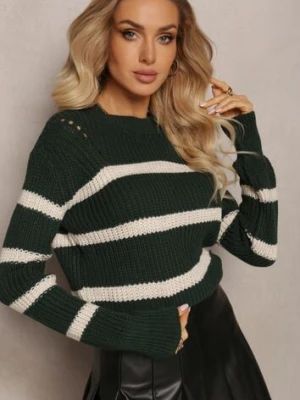 Ciemnozielony Elastyczny Sweter w Paski z Okrągłym Dekoltem Lillana lily rose