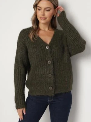 Ciemnozielony Kardigan na Guziki z Dodatkiem Wełny Zakończony Ściągaczem Ciandria acajo
