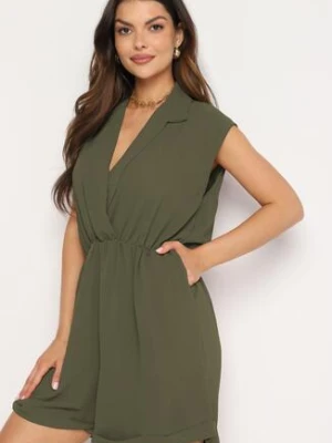 Ciemnozielony Kombinezon z Nakładkowym Dekoltem i Gumką w Talii Nansaliah lovery