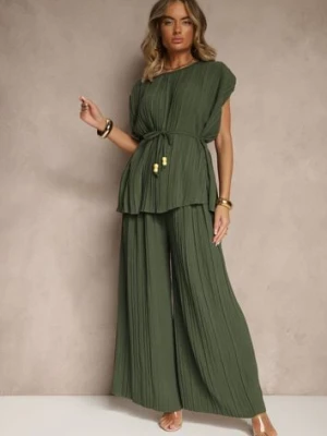 Ciemnozielony Komplet Spodnie o Szerokim Kroju i Bluzka z Usztywnioną Linią Ramion Nilamira allyson