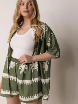 Ciemnozielony Komplet w Stylu Rustykalnym Koszula i Szorty Tosmire cflo