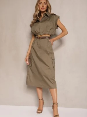 Ciemnozielony Komplet w Stylu Utility Koszula Cropped Bez Rękawów i Spódnica z Kieszeniami Notcha elsa.m by may