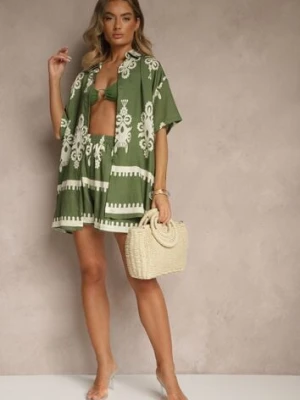 Ciemnozielony Komplet z Rustykalnym Wzorem z Szortami i Koszulą Tosnea cflo