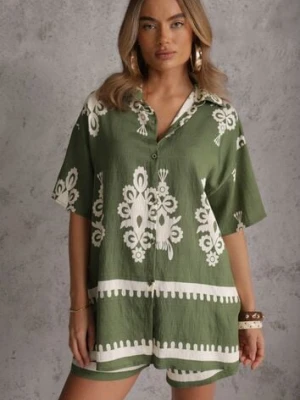 Ciemnozielony Komplet z Rustykalnym Wzorem z Szortami i Koszulą Tosnea cflo