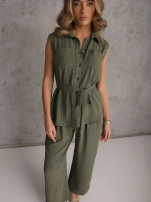 Ciemnozielony Komplet z Wiskozy Spodnie Wide Leg i Koszula Bez Rękawów z Paskiem Adduin cflo