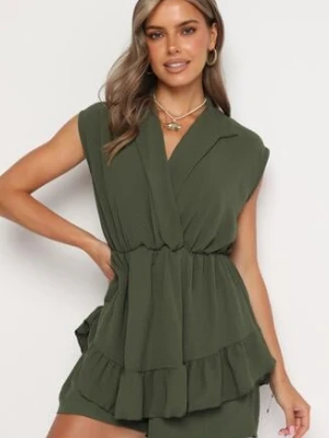 Ciemnozielony Krótki Kombinezon z Falbankami i Kołnierzykiem Laravia lovery