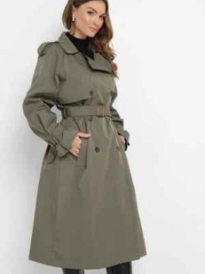 Ciemnozielony Płaszcz Trencz Dwurzędowy z Paskiem Cloimia jusdepom