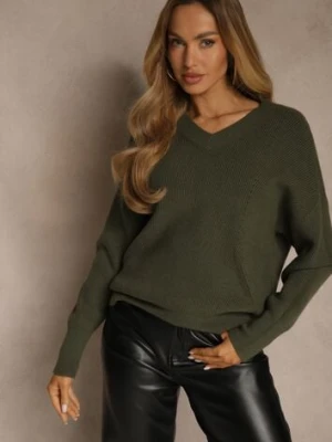 Ciemnozielony Sweter z Dodatkiem Kaszmiru i Trójkątnym Dekoltem Silefera