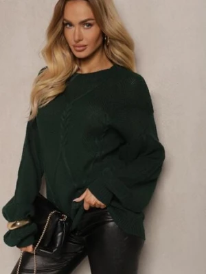 Ciemnozielony Sweter z Ozdobnym Tłoczeniem i Ściągaczami Temariel tricot station