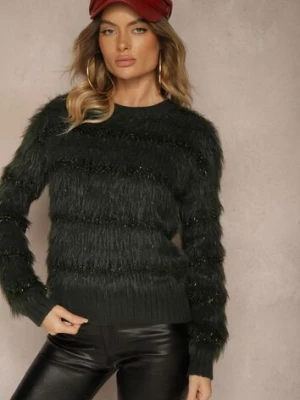 Ciemnozielony Sweter z Wełną Ozdobiony Ściągaczami i Długim Włosiem Sialora j&x