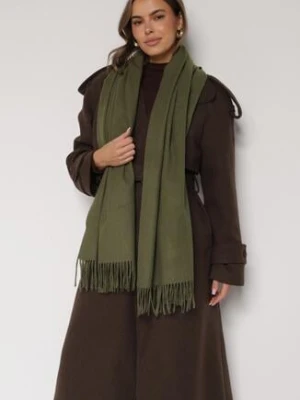 Ciemnozielony Szalik z Bawełną i Wiskozą Ozdobiony Frędzlami Siadortia