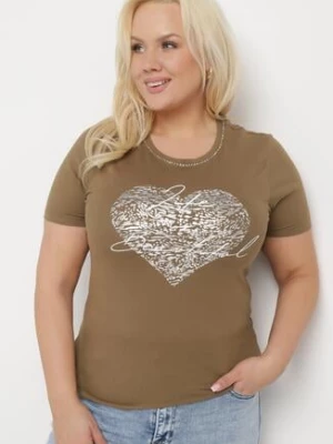 Ciemnozielony T-shirt Bawełniany z Krótkim Rękawem i Metalicznym Nadrukiem oraz Cyrkoniami Sanesti