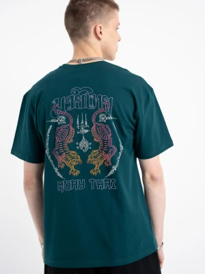 Ciemnozielony t-shirt z autorską grafiką z tyłu Reporter