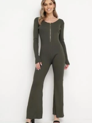 Ciemnozielony Wiskozowy Kombinezon Bodycon z Prążkowaniem i Suwakiem Alnorema elsa.m by may