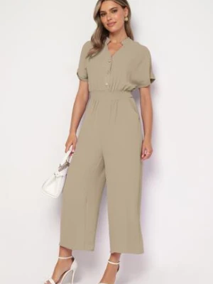 Ciemnozielony Wiskozowy Kombinezon o Taliowanym Kroju z Szerokimi Nogawkami Delsea cflo