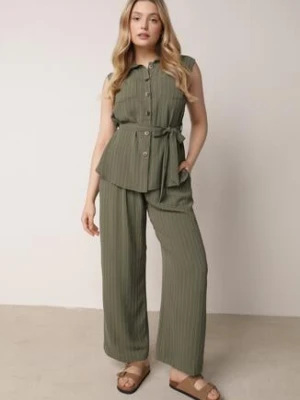 Ciemnozielony Wiskozowy Komplet Szerokie Spodnie i Koszula Bez Rękawów z Wiązaniem Zanran cflo