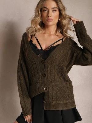 Ciemnozielony Zapinany Kardigan z Trójkątnym Dekoltem i Warkoczykowy Splot Juessa Wool Fashion