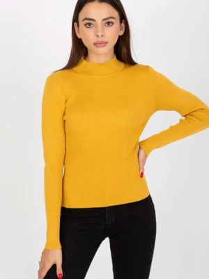 Ciemnożółty gładki sweter z półgolfem w prążki