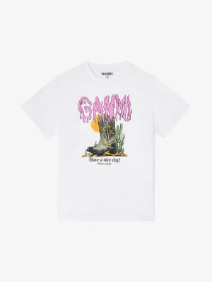 CIENKI BIAŁY T-SHIRT GANNI BAWEŁNA GRAFIKA KOWBOJKI