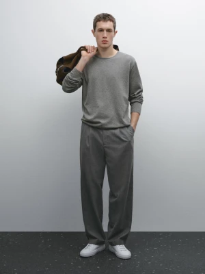 Cienki Dzianinowy Sweter Ze 100% Bawełny - Szary Średni - - Massimo Dutti - Mężczyzna