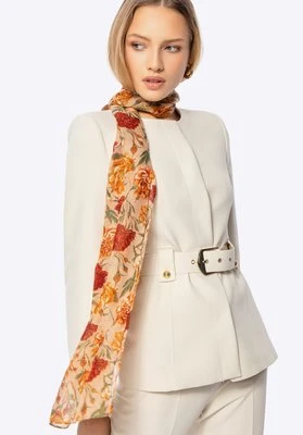 Cienki szal damski w kwiaty beżowo - pomarańczowy Wittchen