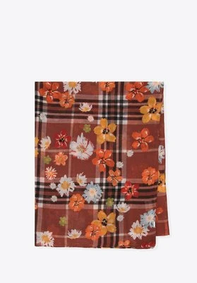 Cienki szal damski w kwiaty i kratę brązowo - pomarańczowy Wittchen
