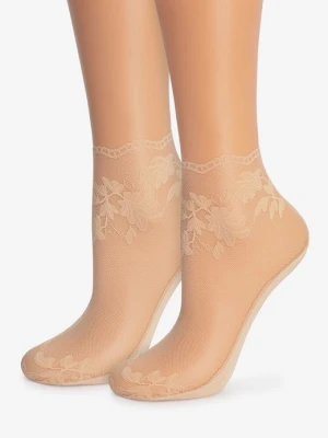 Cienkie beżowe skarpetki rajstopowe z kwiatowym wzorem - E21 MARILYN
