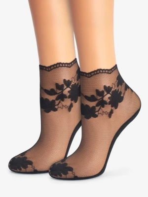 Cienkie czarne skarpetki rajstopowe z kwiatowym wzorem - E21 MARILYN