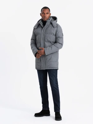 Ciepła długa kurtka męska typu parka z wełną – szary melanż V1 - Rozmiar: L Ombre Clothing