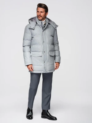 Ciepła długa męska kurtka typu parka z wełną – jasnoszary melanż V3 - Rozmiar: S Ombre Clothing