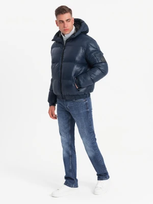 Ciepła kurtka męska puffer ze ściągaczami – granatowa V2 Ombre Clothing