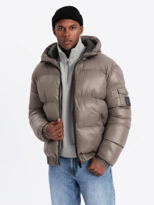 Ciepła męska kurtka puffer ze ściągaczami – ciemnobeżowa V3 - Rozmiar: L Ombre Clothing