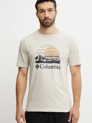 Columbia t-shirt bawełniany Path Lake męski kolor beżowy z nadrukiem 1934814.