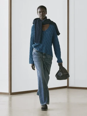 Cotton Blend Knit Jumper With Knot Detail - Niebieskie - - Massimo Dutti - Kobieta