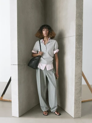 Cotton Knit Polo Jumper - Jasnoszary - - Massimo Dutti - Kobieta